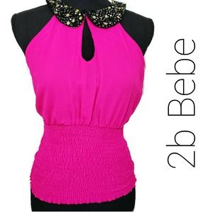 2b Bebe Top Blouse Pink Black Beads Keyhole front